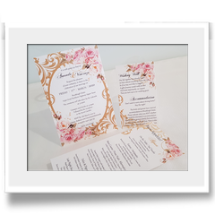 Rectangle pink and gold graphic design with matching wishing well and menu